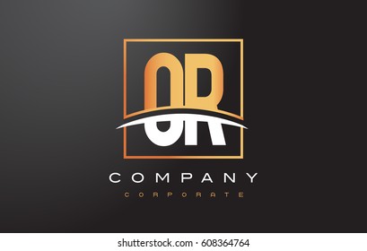 OR O R Golden Letter Logo Design with Swoosh and Rectangle Square Box Vector Design.