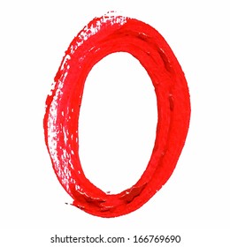 O - Red handwritten letters on white background. Acrylic colors.  Vector Illustration.