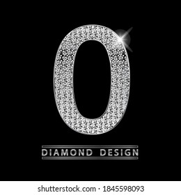 O letra brillante plateada con ilustración vectorial de diamantes. Gemas blancas con luz en letra metálica. Elegante logotipo de lujo para joyería o negocios de casino.