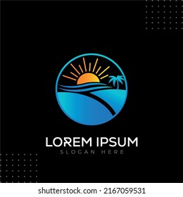 O Sun Sea Beach Wave Plam Tree Round Logo Template In Modern Creative Minimal Style BlacK Vector Design