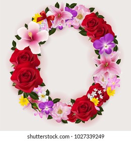 O, vector font with realistic of beautiful tropical flowers on background color.