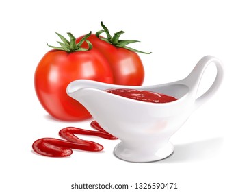 O Vector illustration, a drop of ketchup, sauce-boat, tomato on a white background