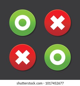 O And X Round Shape Icons With Shadow, Green Circle And Red Cross, Vector, Isolated On Dark Background