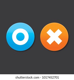 O And X Round Shape Icons With Shadow, Blue Circle And Orange Cross, Vector, Isolated On Dark Background