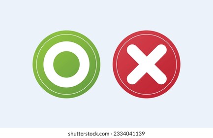 O and X round shape icons with shadow, green circle and red cross.on white background.Vector Design Illustration.