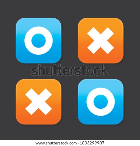 O and X rounded square shape icons, blue circle and orange cross, with shadow, vector, isolated on dark background