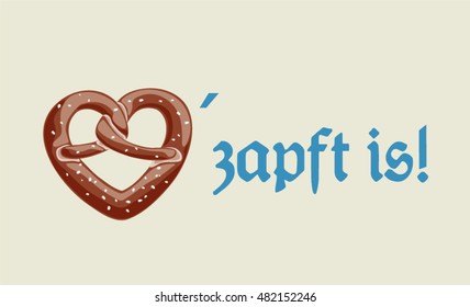 O zapft is! is the Bavarian German phrase which is said when a new barrel of beer is opened. The heart shaped pretzel represents the O. Oktoberfest theme with color scheme of bavarian flag.