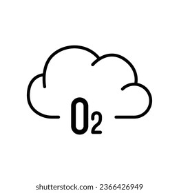 Icono de oxígeno en la nube o2. Moléculas químicas de emisión de gases de oxígeno en el paisaje nublado como símbolo de la atmósfera para el concepto de invernadero, material de aliento de aire. Ilustración vectorial. Diseño en fondo blanco. EPS 10