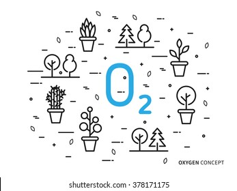 O2 (oxygen) linear vector illustration with house plants. Natural (ecology, ecological) oxygen creative graphic concept. Natural eco oxygen process for science, chemistry, biology.
