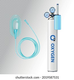 O2 oxygen tank and mask realistic composition with isolated images of medical appliances on transparent background vector illustration