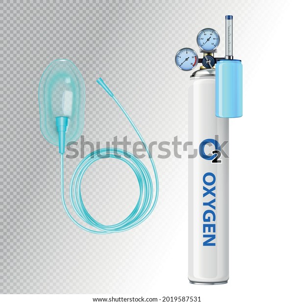 O2 oxygen tank and mask realistic\
composition with isolated images of medical appliances on\
transparent background vector\
illustration