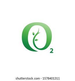 O2 symbol which has a leaf-shaped space which means the symbol of oxygen in the vector logo