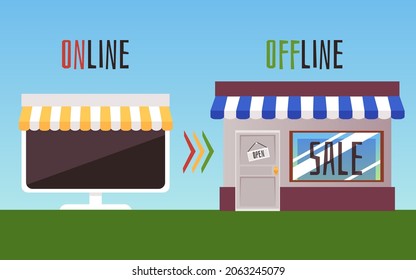o2o online to offline e-commerce vector concept. Store could be both on the Internet on mobile app and be offline retail shop. Shopping offline VS shopping online.