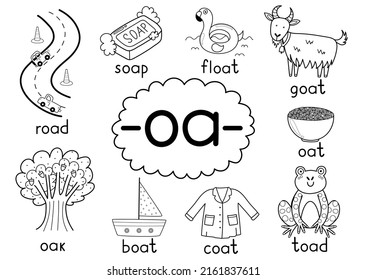 Oa digraph spelling rule black and white educational poster for kids with words. Learning -oa- phonics for school and preschool. Phonetic worksheet. Vector illustration