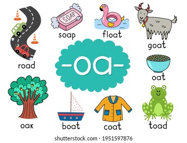 Oa Digraph With Words Educational Poster For Kids. Learning Phonics For School And Preschool. Phonetic Worksheet. Vector Illustration