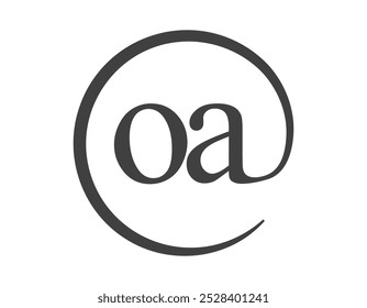 Logotipo OA de duas letras com estilo de sinal de email em forma de círculo. O e um logotipo redondo da empresa de negócios para a identidade da marca.