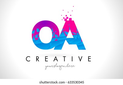 OA O A Letter Logo with Broken Shattered Blue Pink Triangles Texture Design Vector Illustration.