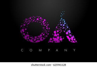 OA O A Letter Logo with Purple Blue Particles and Bubble Dots Design Vector.