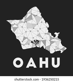Oahu - Kommunikationsnetzplan der Insel. Oahu trendy geometrisches Design auf dunklem Hintergrund. Technologie, Internet, Netzwerk, Telekommunikationskonzept. Vektorgrafik.
