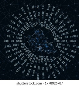 Oahu digital map. Binary rays radiating around glowing island. Internet connections and data exchange design. Vector illustration.
