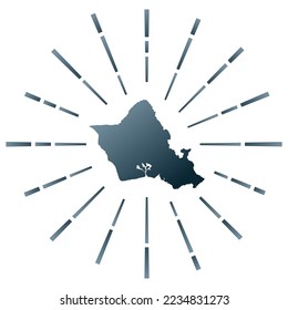 Brote de sol granadoso de Oahu. Mapa de la isla con coloridos rayos estelares. Ilustración de Oahu en digital, tecnología, internet, estilo de red. Ilustración vectorial.