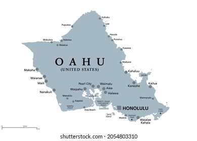 Oahu, Hawaii, gray political map with capital Honolulu. Part of Hawaiian Islands and Hawaii, a state of the United States in the North Pacific Ocean. Known as The Gathering Place. Illustration. Vector