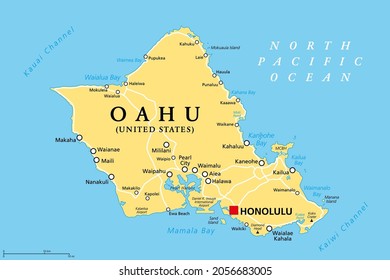 Oahu, Hawaii, Political Map With Capital Honolulu. Part Of The Hawaiian Islands And Hawaii, A State Of The United States In The North Pacific Ocean. Known As The Gathering Place. Illustration. Vector.