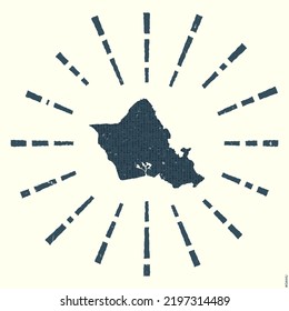 Oahu Logo. Grunge sunburst poster with map of the island. Shape of Oahu filled with hex digits with sunburst rays around. Awesome vector illustration.