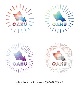 Oahu low poly sunburst set. Logo of island in geometric polygonal style. Vector illustration.