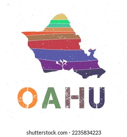 Diseño del mapa de Oahu. Forma de la isla con bellas olas geométricas y textura de grano. Impresionante ilustración vectorial.