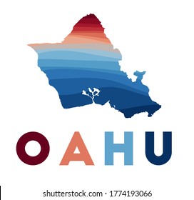Oahu map. Map of the island with beautiful geometric waves in red blue colors. Vivid Oahu shape. Vector illustration.