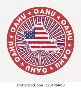 Oahu round stamp. Logo of island with flag. Vintage badge with circular text and stars, vector illustration.