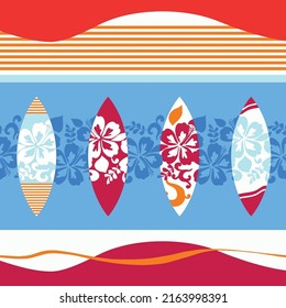 Oahu Surfing Boards With Hibiscus Seamless Repeat Pattern