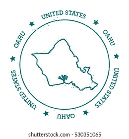 Oahu vector map. Retro vintage insignia with island map. Distressed travel stamp with Oahu text wrapped around a circle and stars. Oahu map vector illustration.