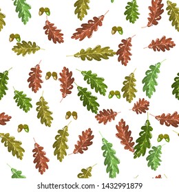 Oak accorn and green brown red leafs seamless pattern autumn background