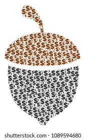 Oak acorn collage of dollars and spheric dots. Vector dollar icons are arranged into oak acorn illustration.