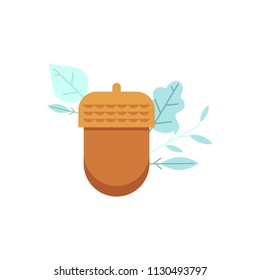 Oak acorn icon in flat style. Forest tree fall symbol, sign of nature and organic quality. Seasonal plant seed decoration for autumn design. Vector isolated illustration.