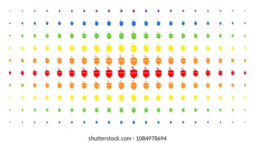 Oak acorn icon spectrum halftone pattern. Vector oak acorn pictograms are arranged into halftone grid with vertical spectral gradient. Constructed for backgrounds, covers,