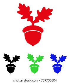 Oak Acorn icon. Vector illustration style is a flat iconic oak acorn symbol with black, red, green, blue color versions. Designed for web and software interfaces.