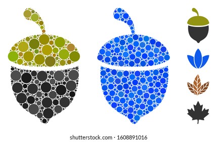 Oak acorn mosaic of filled circles in variable sizes and color tones, based on oak acorn icon. Vector filled circles are combined into blue collage. Dotted oak acorn icon in usual and blue versions.