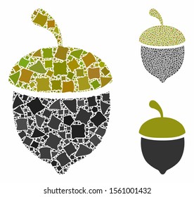 Oak acorn mosaic of tuberous parts in different sizes and color tinges, based on oak acorn icon. Vector tuberous parts are composed into collage. Oak acorn icons collage with dotted pattern.