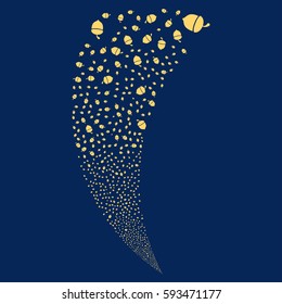 Oak Acorn random fireworks stream. Vector illustration style is flat yellow iconic symbols on a blue background. Object fountain constructed from scattered pictographs.