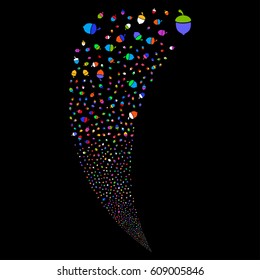 Oak Acorn random fireworks stream. Vector illustration style is flat bright multicolored iconic symbols on a black background. Object fountain made from scattered icons.