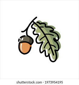 Oak Acorn Simple Doodle Flat Illustration, Fun Nature Graphic Design Vector Element 