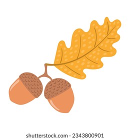 Hojas de roble e ilustración dibujada a mano. Diseño plano de estilo caricatura, vector aislado. Otoño infantil, impresión de caída, elemento vegetal estacional, bosque, parque, exterior, naturaleza