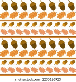 Oak acorns and leaves, rows on a white background, with a texture. Seamless vector cute illustration for packaging, fabric