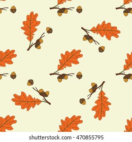 Oak acorns on the branch autumn red leaf white colorful pattern background vector