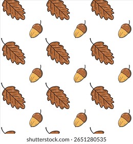Folhas de outono de carvalho e bolotas, padrão sem costura. Ilustração do contorno em marrom e ocre. Para o design com tema de outono, conceitos ecológicos inspirados na natureza, impressões têxteis, decoração, papel de parede, capas