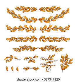 Oak autumn leaves design elements. Set of hand drawn borders 