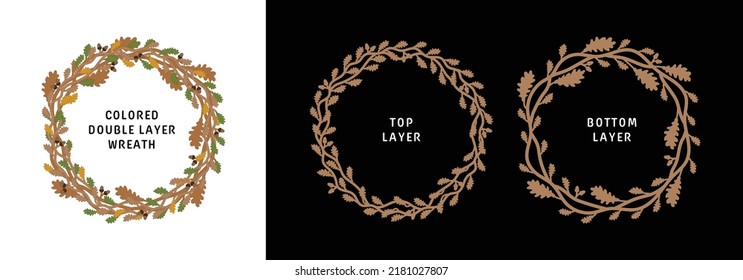 Oak autumn wreath, editable double layer layout for laser cutting. Autumn pattern in the form of a circle with oak leaves, without berries and flowers. Popular wreath style for interiors.